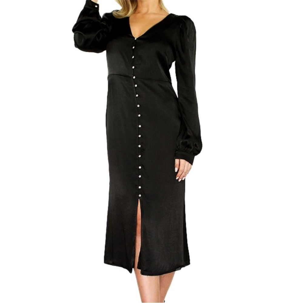 NWT En Saison black satin midi dress rhinestone button front medium m